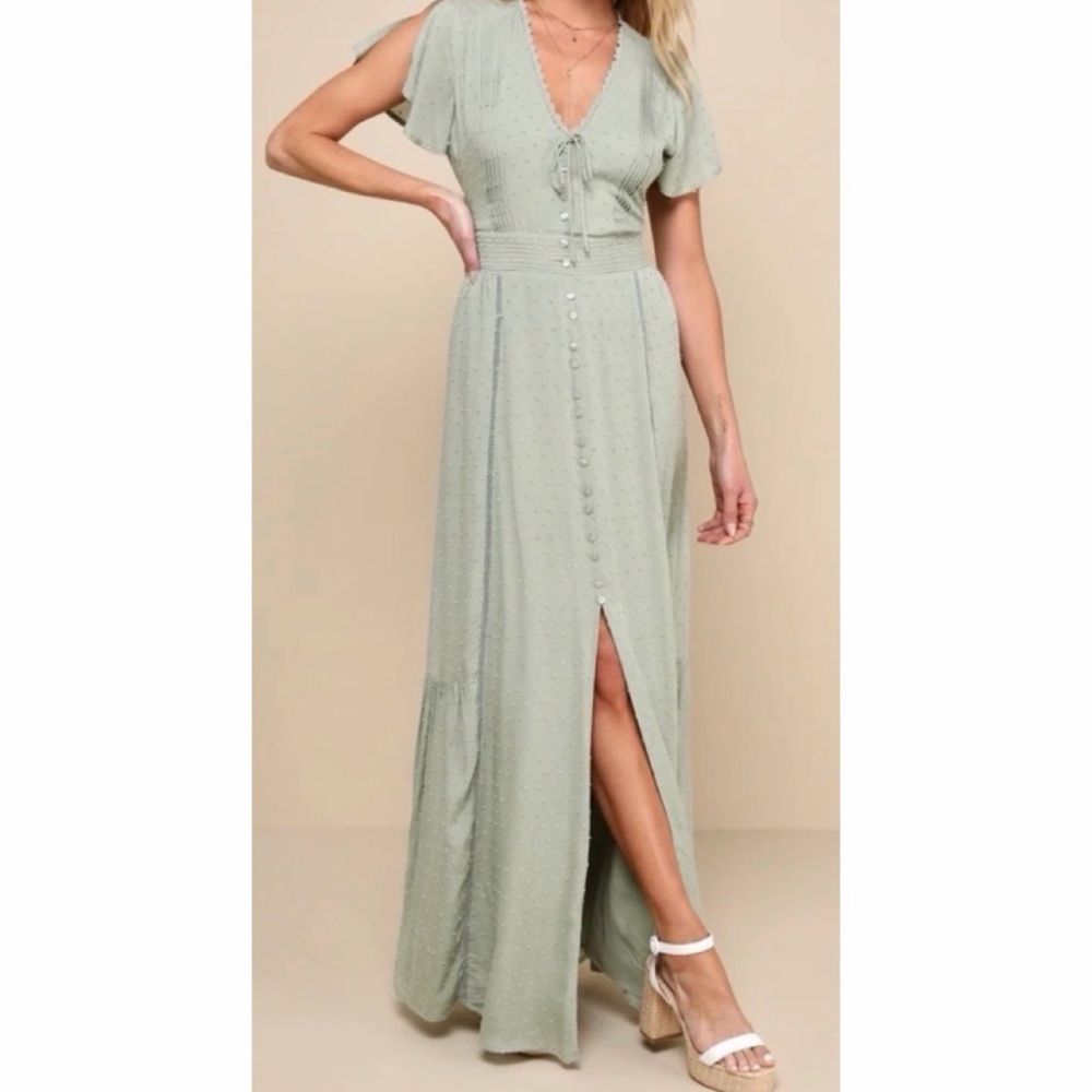 LULU’S • Sage Green Completely In Love Swiss Dot Button-Front Maxi Dress, S